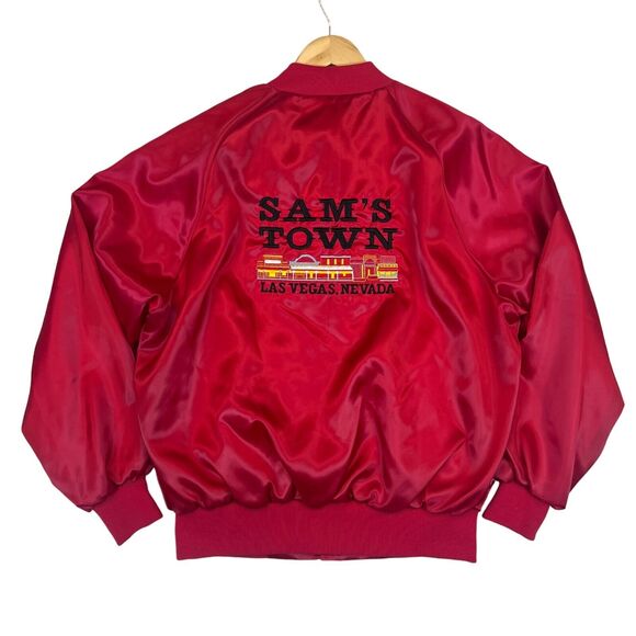 Vintage 80’s SAM’S TOWN Las Vegas ROYAL FLUSH CLUB Satin Bomber Jacket Sz L USA - Picture 1 of 8